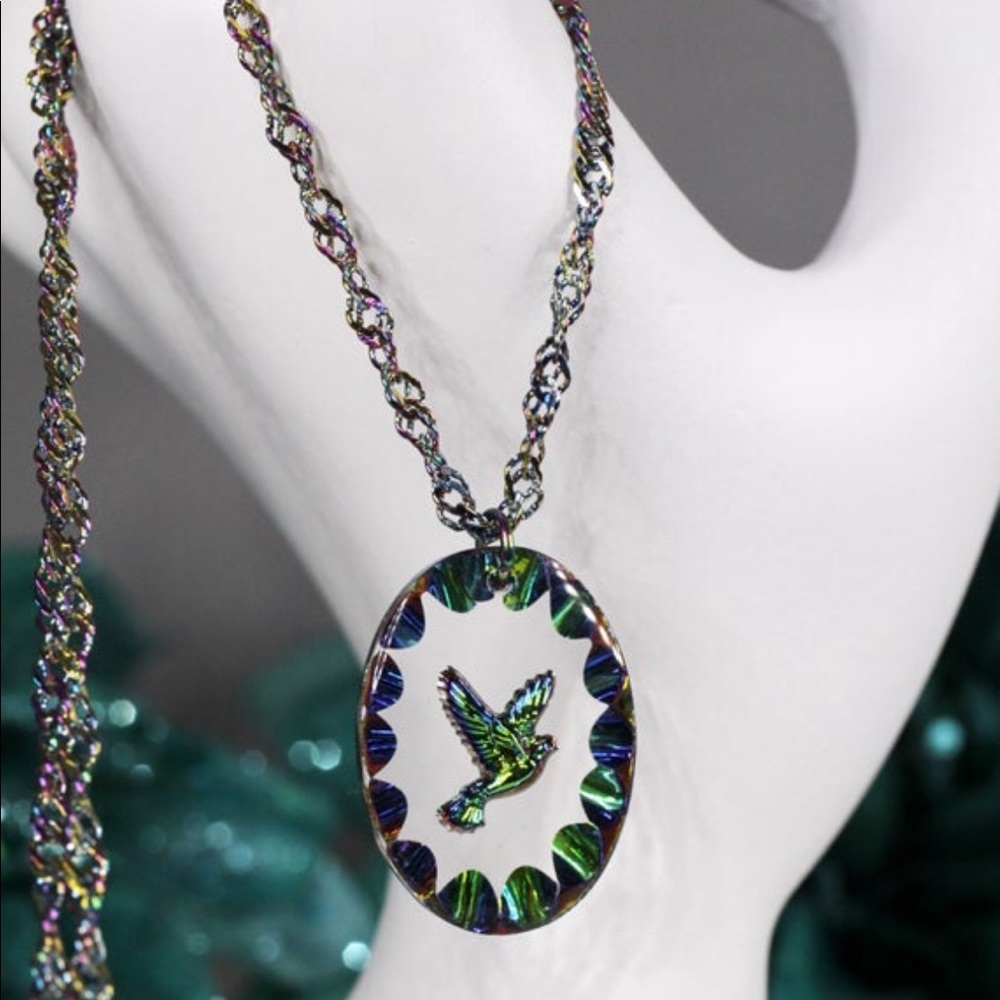 Rainbow Bird Cameo Intaglio Necklace with Green, Blue, and Purple Chain